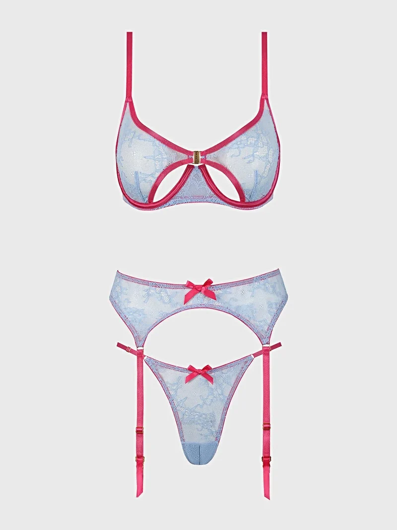 YVONE Spitzen-BH-Set mit offenen Cups, Bügel-Tanga ohne Schritt und Strumpfhaltern