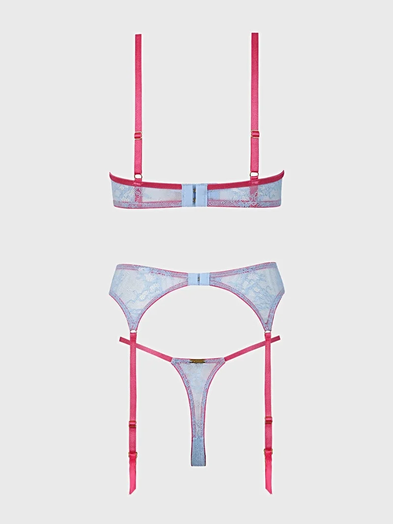 YVONE Spitzen-BH-Set mit offenen Cups, Bügel-Tanga ohne Schritt und Strumpfhaltern