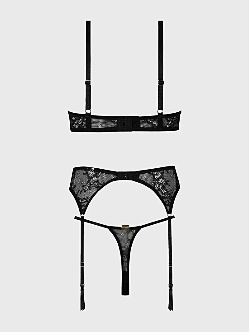 YVONE Spitzen-BH-Set mit offenen Cups, Bügel-Tanga ohne Schritt und Strumpfhaltern