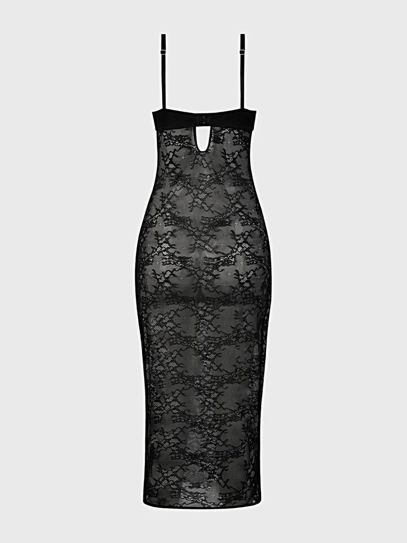 Yvone Abendkleid aus öligem Satin-Spitzenstoff mit tiefem Ausschnitt, romantischer Rüsche und abnehmbaren Bändern