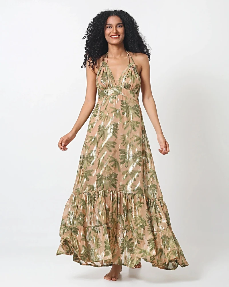 Elegantes Maxikleid mit Palmenmuster in Nude und Grün – 100 % Viskose, Resortmode-Stil