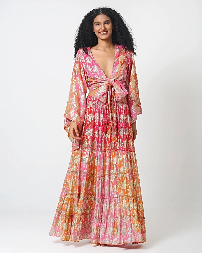 Damen-Maxirock-Set mit ausgestellten Ärmeln und Bindeband vorne in Fuchsia und Orange, 100 % Viskose