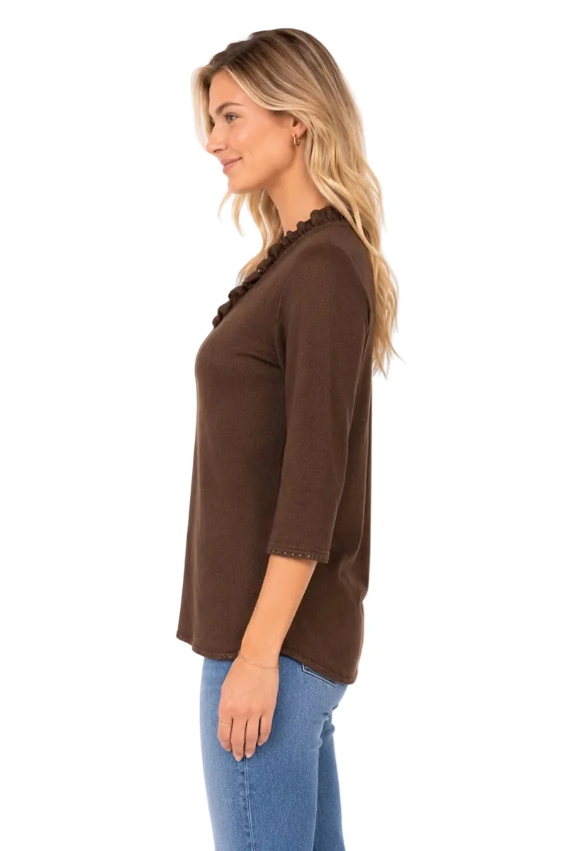 Leichter Strickpulli mit Rüschen-V-Ausschnitt
