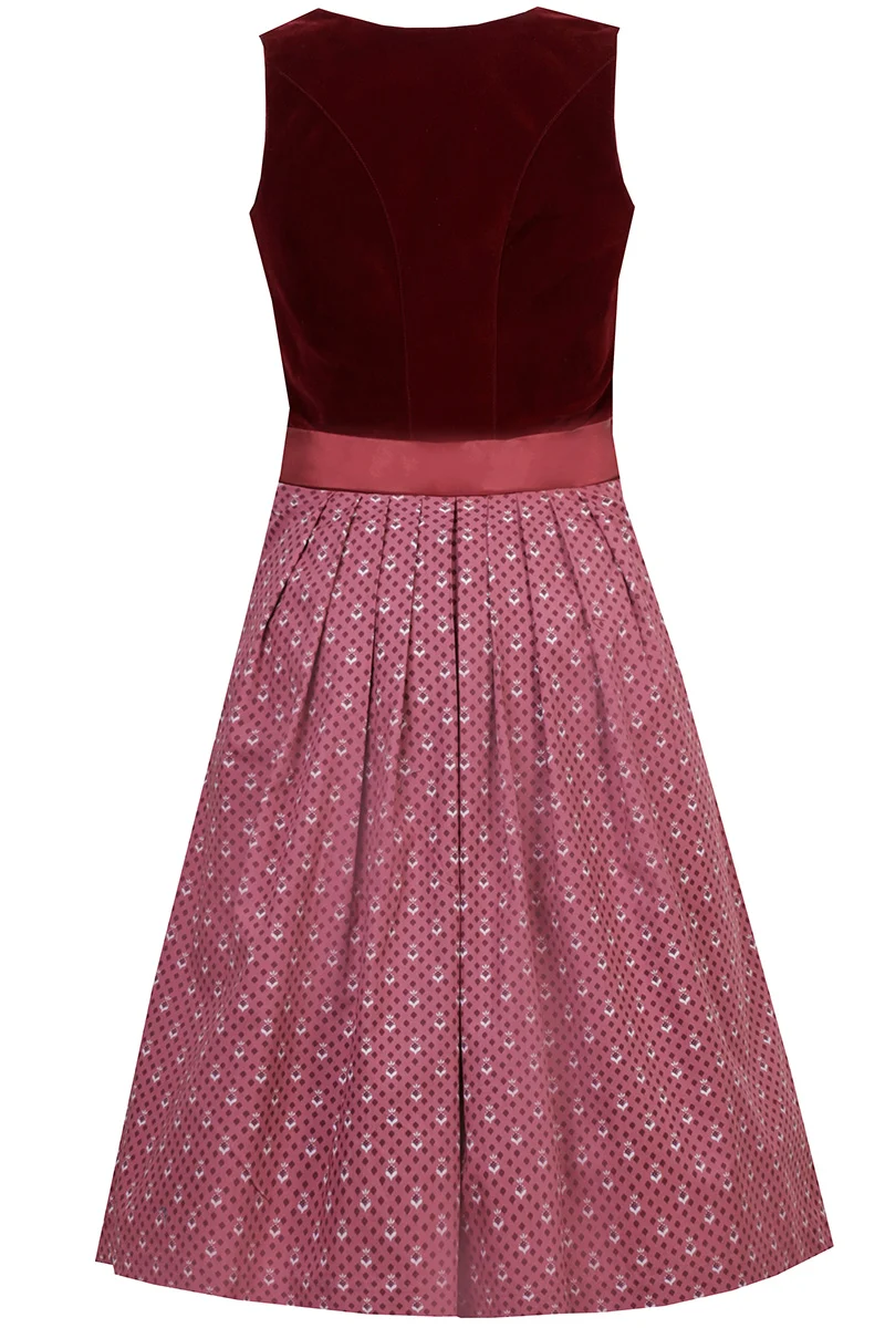 Midi-Dirndl mit Samtoberteil und Broschenschließe - rubinrot
