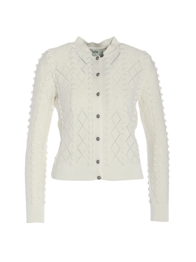 Strickjacke mit Stehkragen und Bommeln