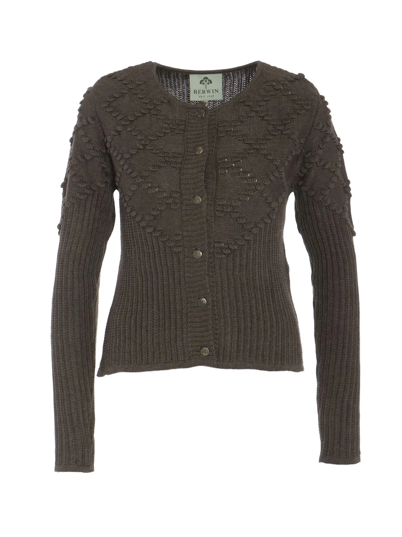 Taillierte Strickjacke mit Rautenmuster und Bommel