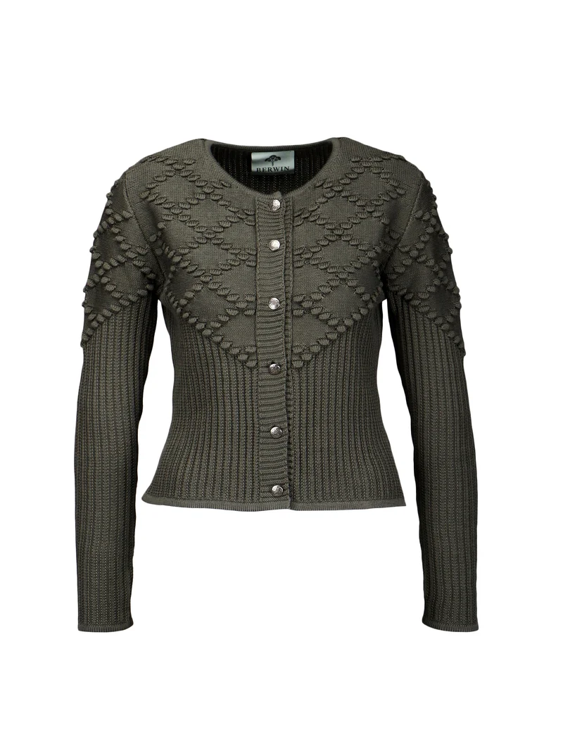 Taillierte Strickjacke mit Rautenmuster und Bommel