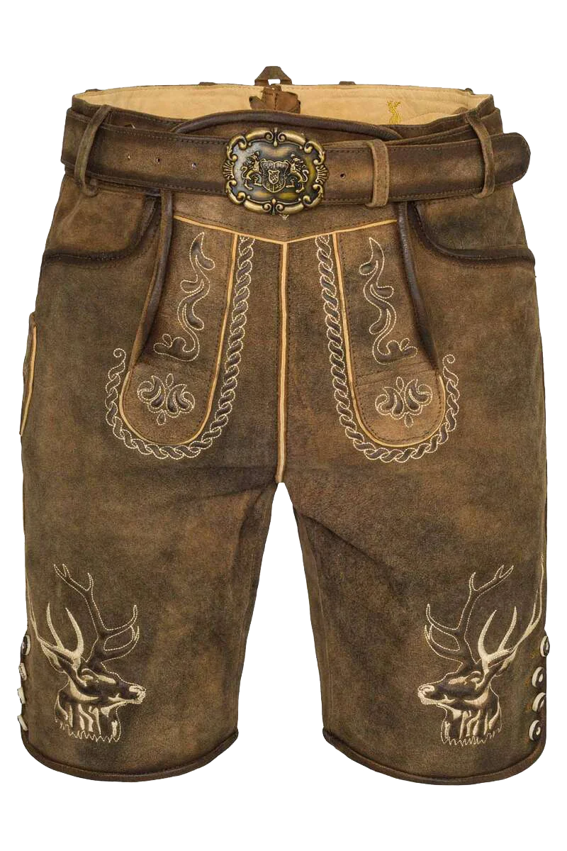Trachtenlederhose Herren kurz mit Hirschkopf-Stickerei