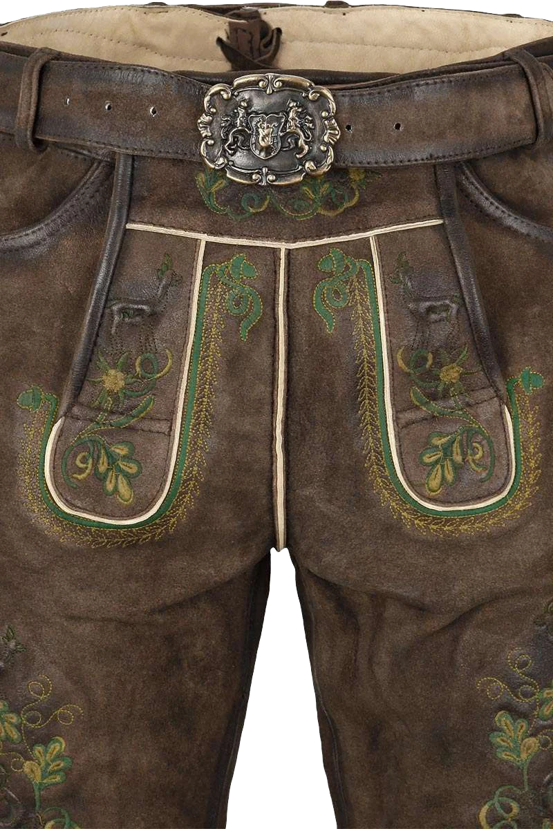 Herren Lederhose mit Gürtel kurz Braun mit grüner Stickerei