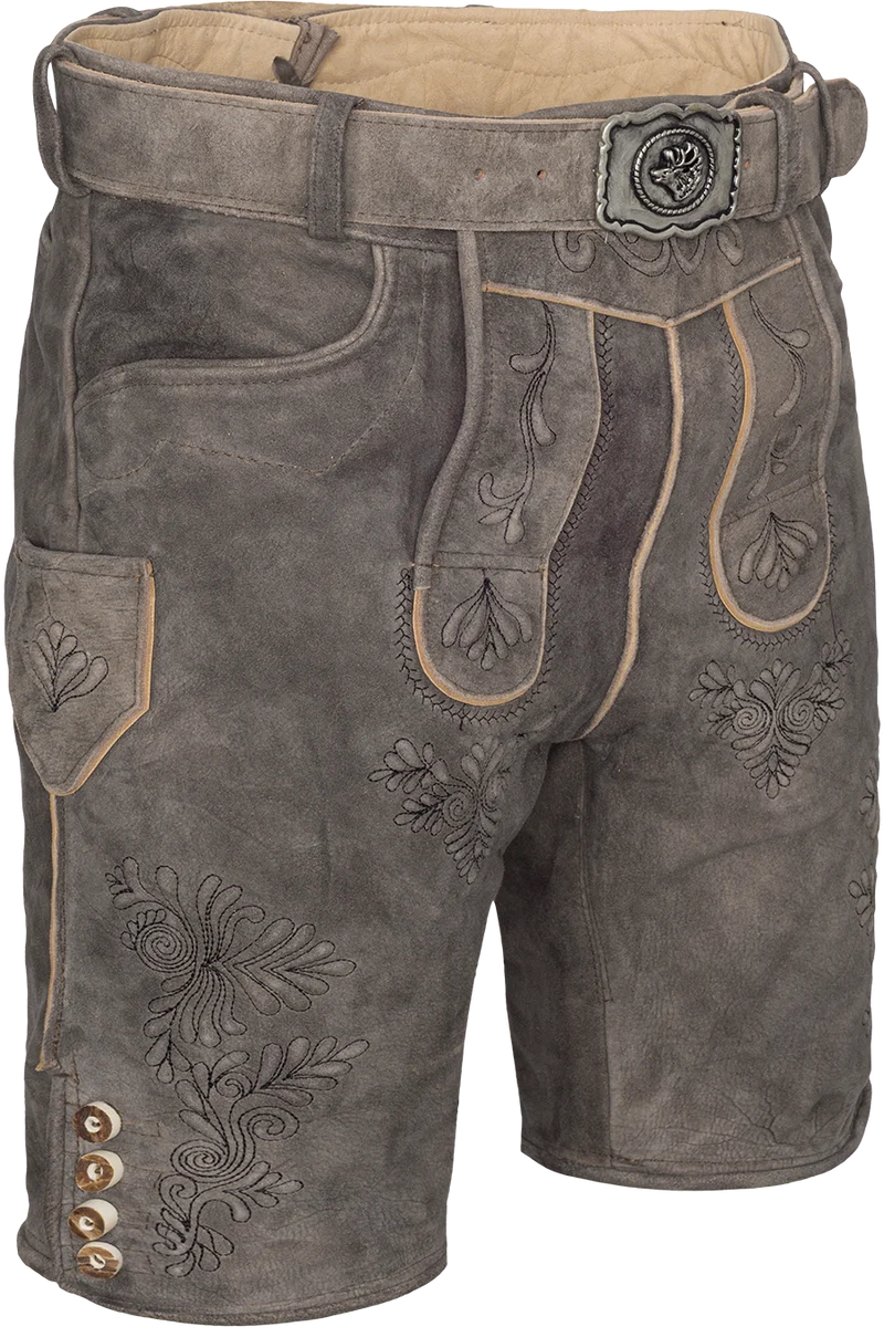 Herren Lederhose kurz mit Stickereien und Gürtel - stonegrey schwarz