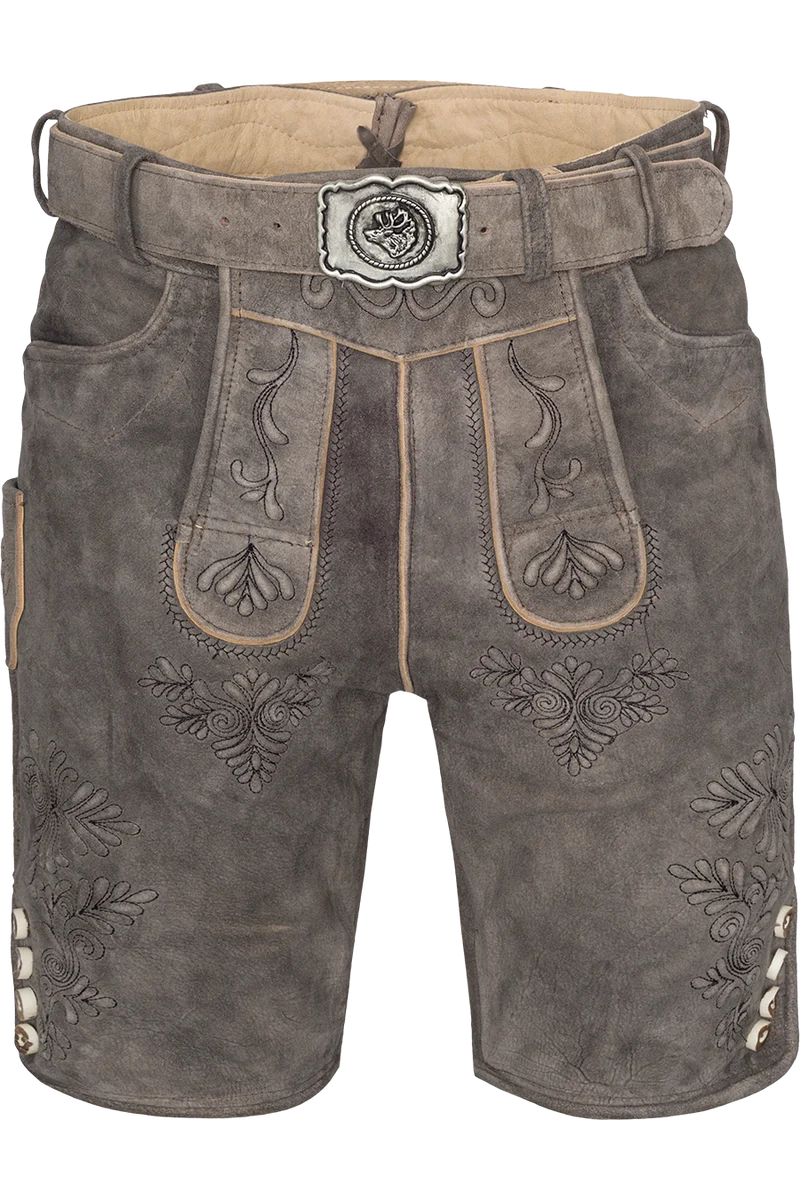 Herren Lederhose kurz mit Stickereien und Gürtel - stonegrey schwarz