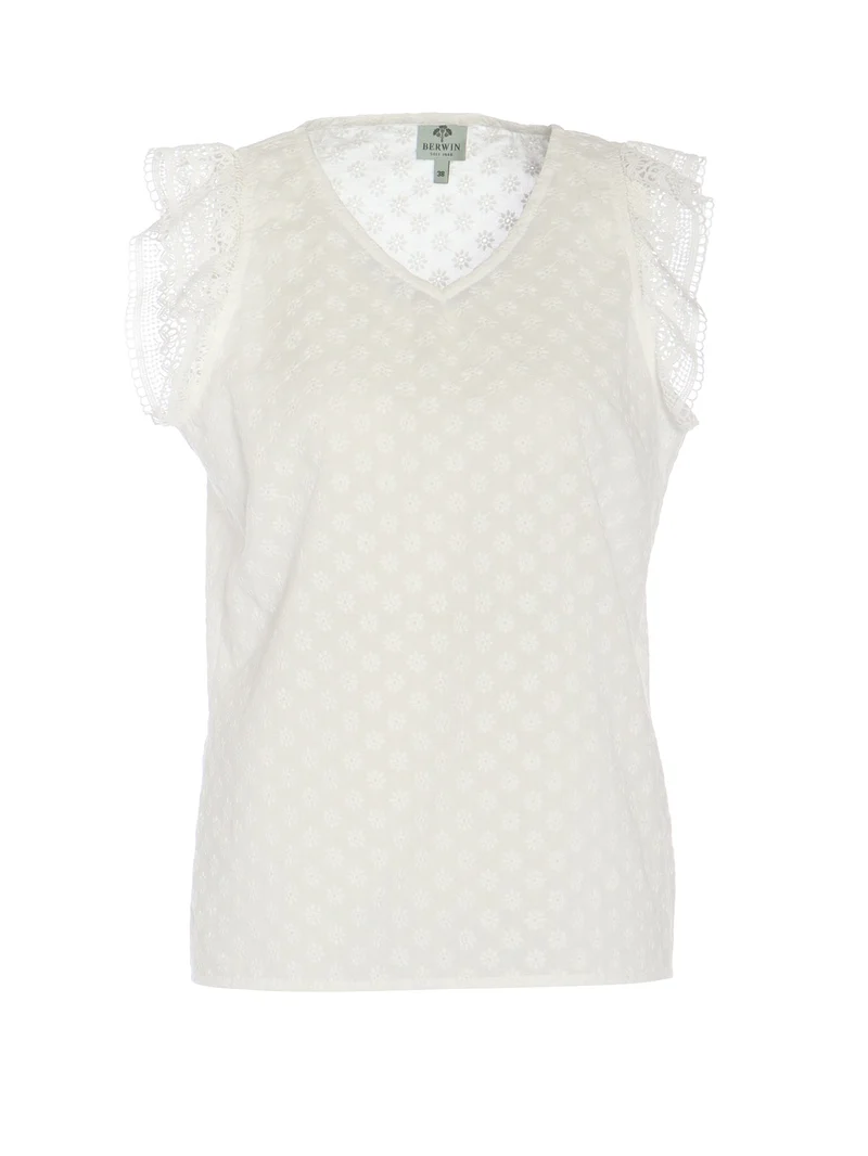 Ärmellose Bluse mit Stickerei und Fransenspitze