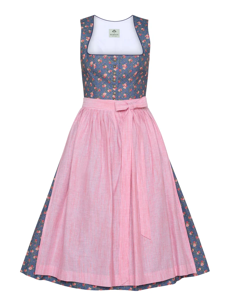 Dirndl aus Rosendruck mit Streifenschürze