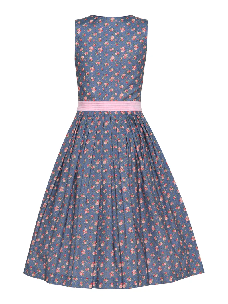 Dirndl aus Rosendruck mit Streifenschürze