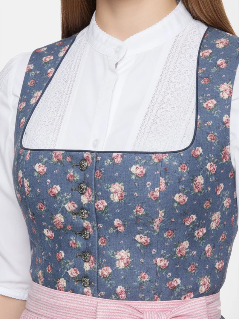 Dirndl aus Rosendruck mit Streifenschürze
