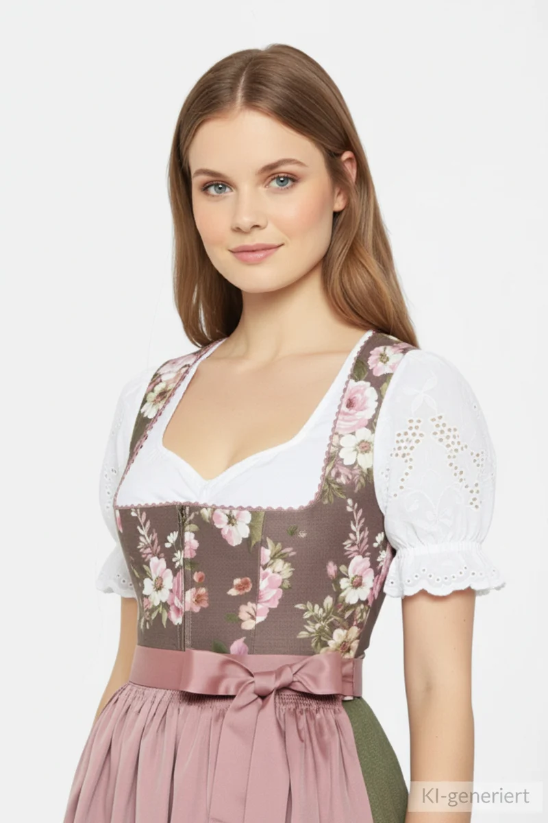 Dirndl mit Rosenmuster-Oberteil & Taftschürze
