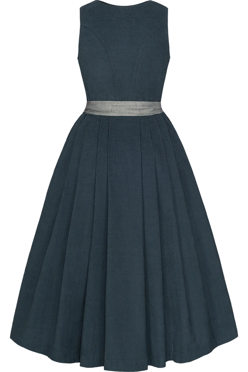 Langes Dirndl aus Baumwolle mit Cordmieder - blau