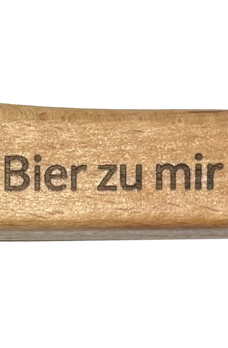 Flaschenöffner Holz mit Spruch und Nagel - bier zu mir