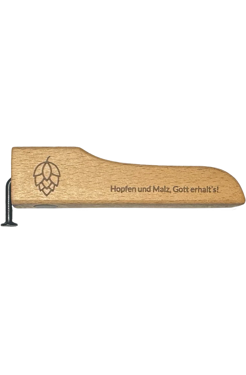 Flaschenöffner Holz mit Spruch und Nagel - hopfen malz