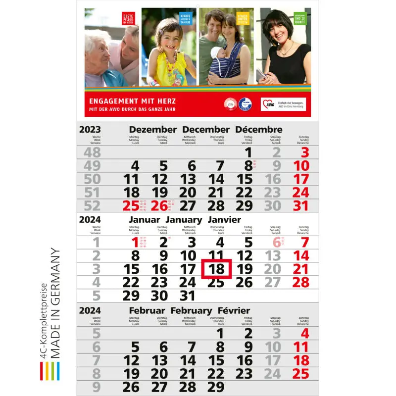 Solid 3 mit 4C-Druck - Hellgrau - Rot, Personalisierter hochwertiger Kalender