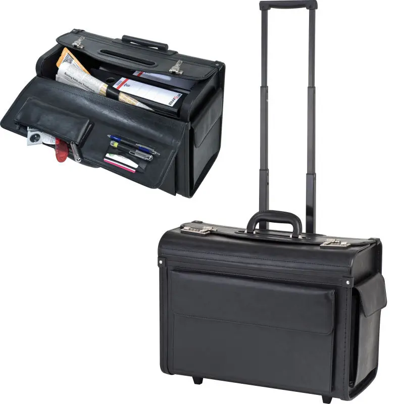 Eleganter Akten-/Pilotenkoffer Trolley aus Kunstleder - Profi-Trolley in Schwarz