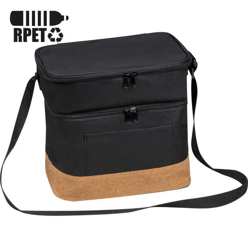 Schwarze RPET-Kühltasche mit Extrafach und Korkboden – Funktional