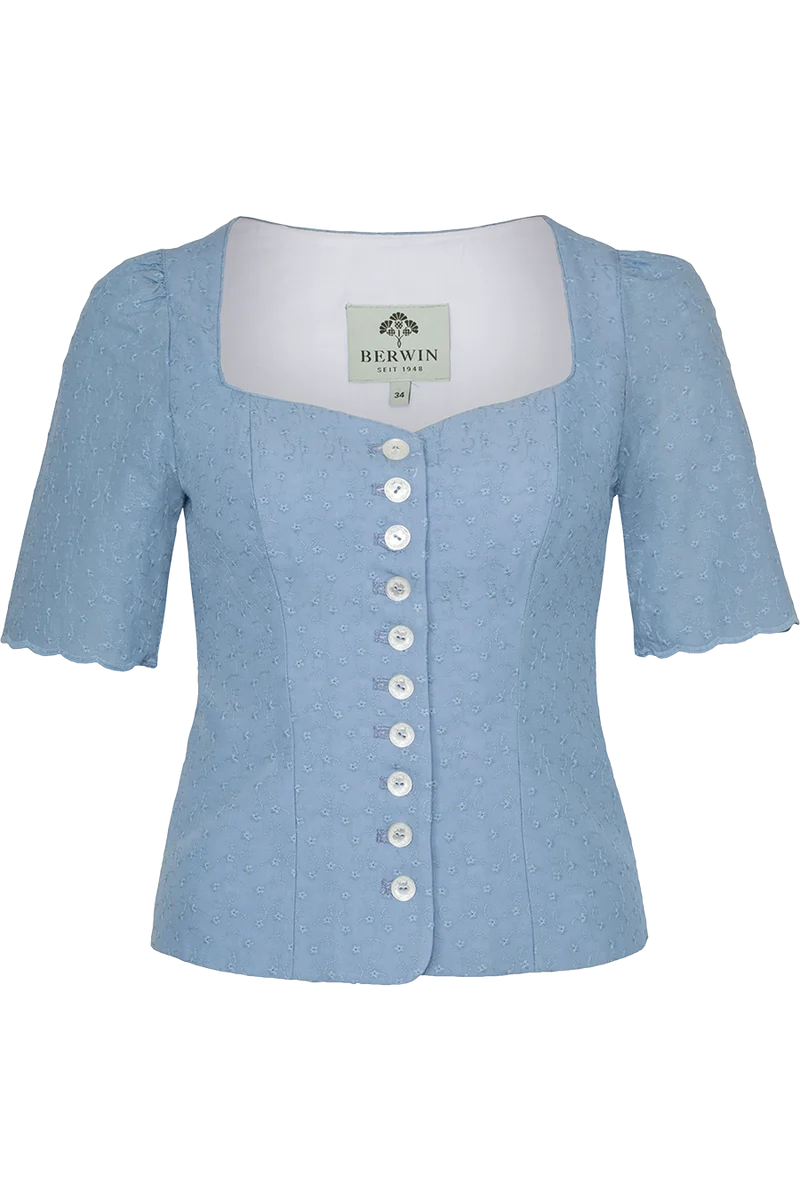 Damen Miederbluse mit Arm und Blütenstickerei - hellblau