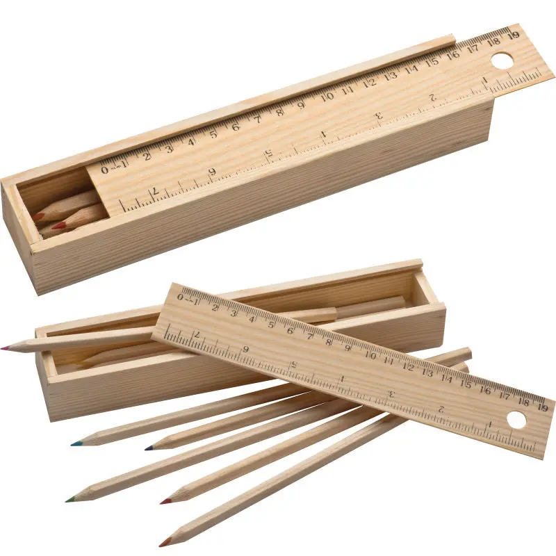 Edle Holzbox mit 8 Buntstiften und Lineal - Braun - Premium Zeichen- und Schreibset