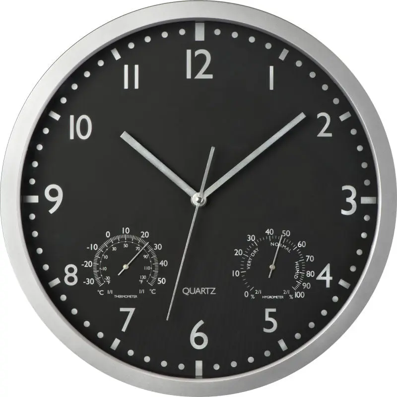 Schwarze Wanduhr mit Hygrometer und Thermometer - Präzises Klima- und Zeitmanagement