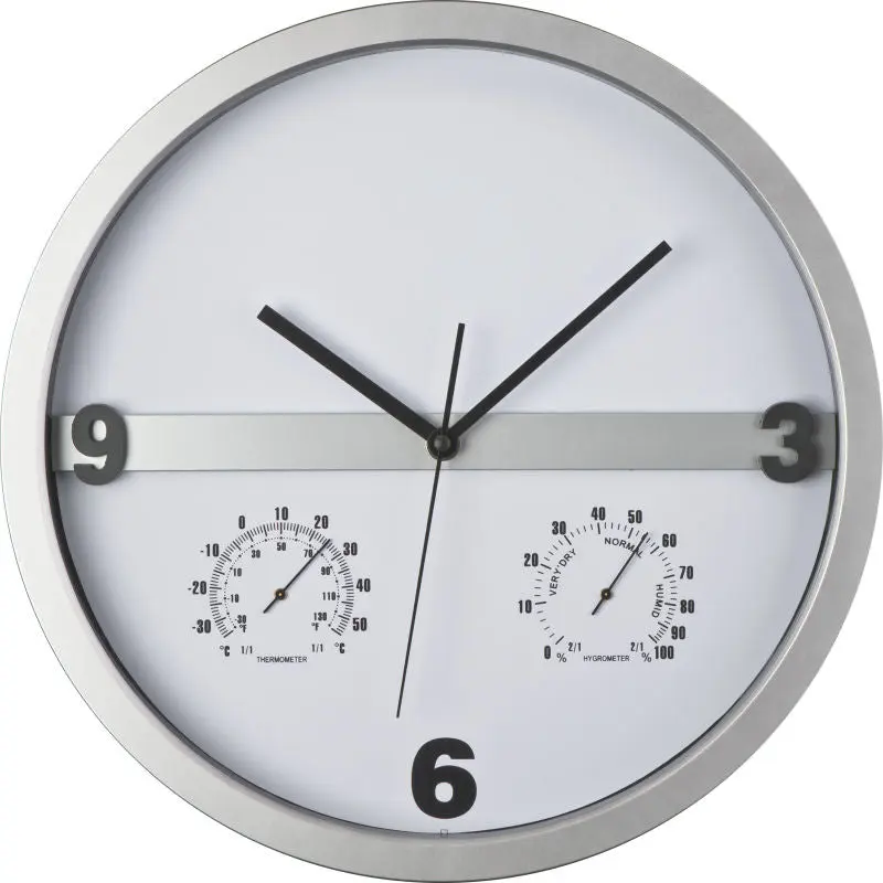 Silbergraue Wanduhr mit Hygrometer und Thermometer - Halbes Display bedruckbar