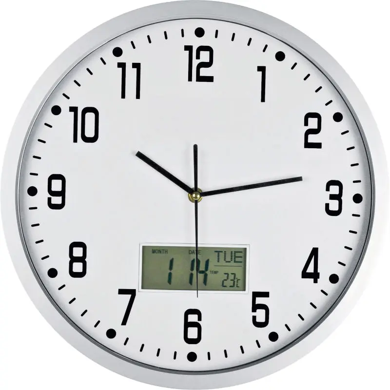 Hybrid Wanduhr - Analog und Digital, Weißes Design, 30 cm Durchmesser