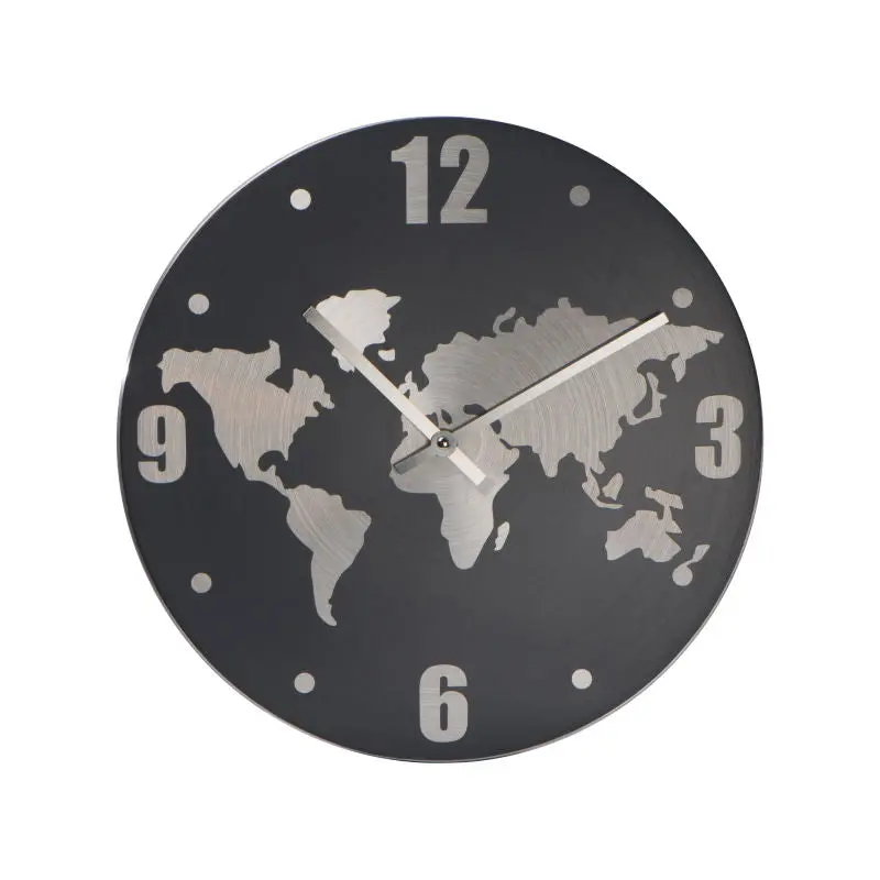 Aluminium Wanduhr mit Weltkartenmotiv - Elegantes Silbergrau, 40 cm Durchmesser