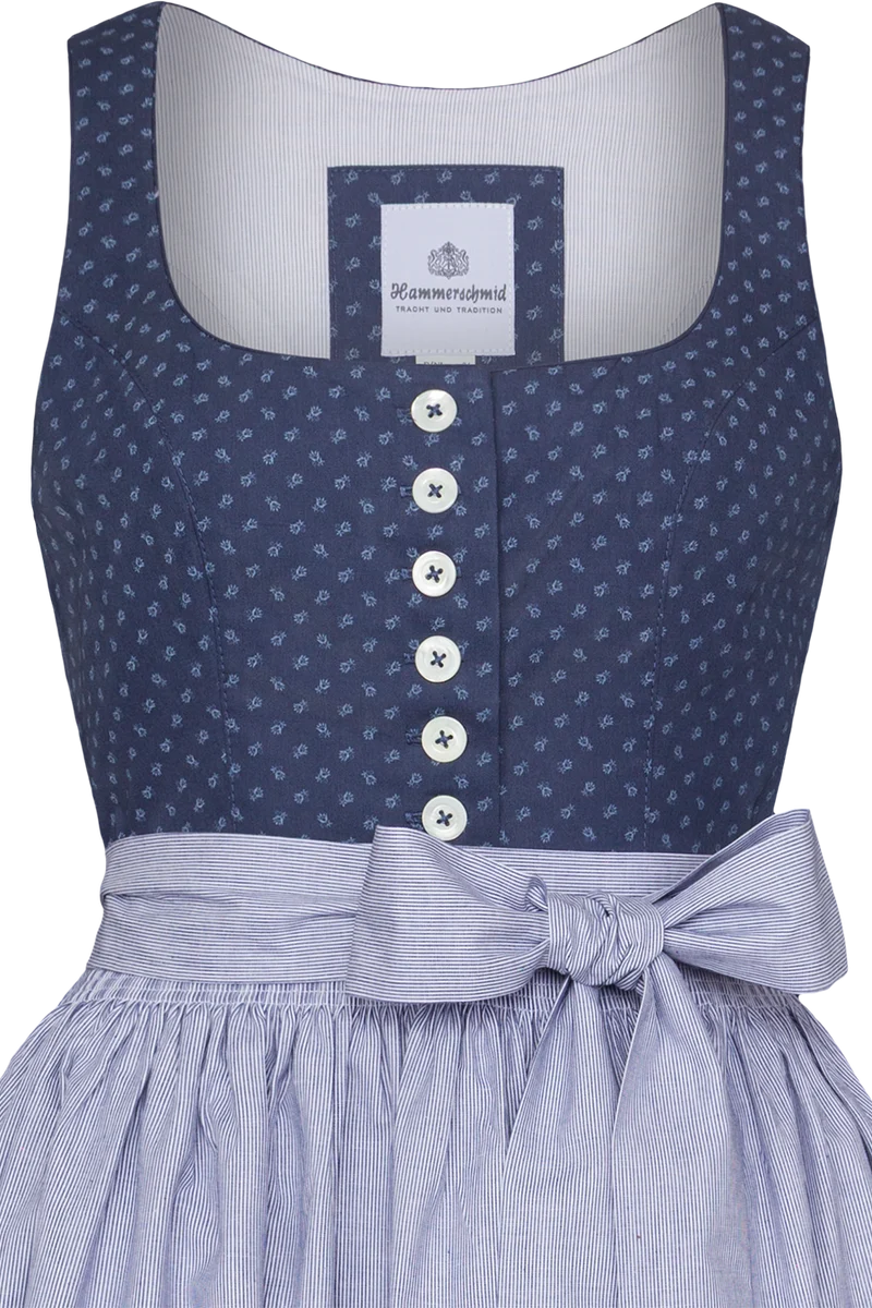 Langes Baumwolldirndl mit Perlmuttknöpfen - blau gemustert