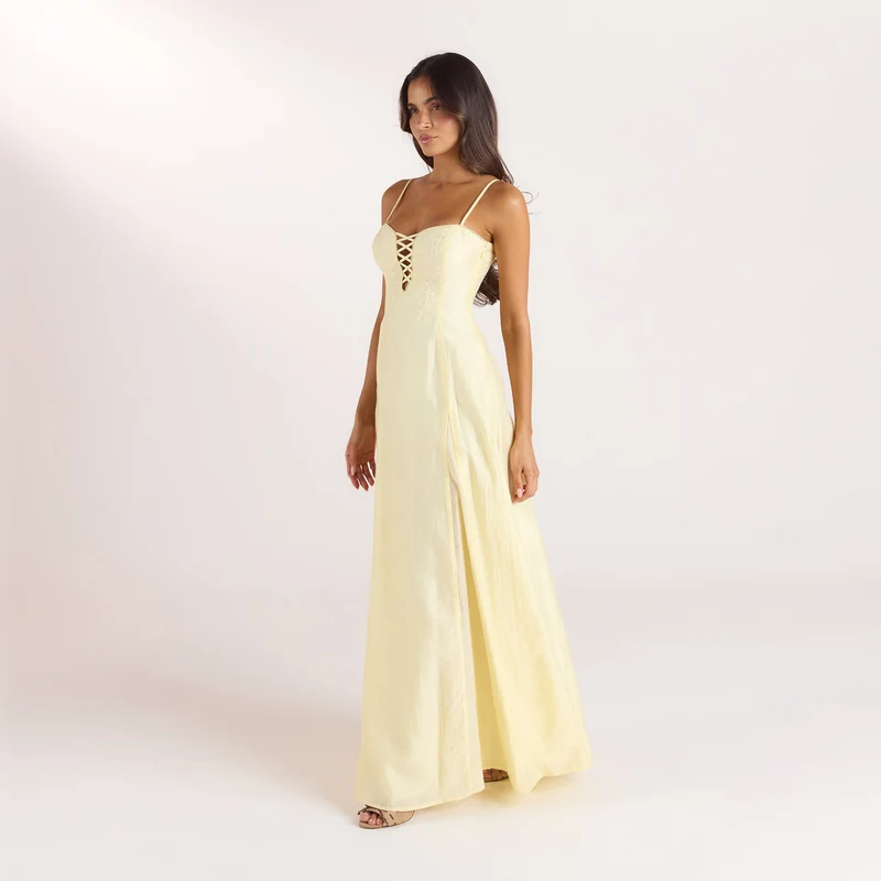 Bestickter Maxikleid mit Korsetdetail - Zitrone