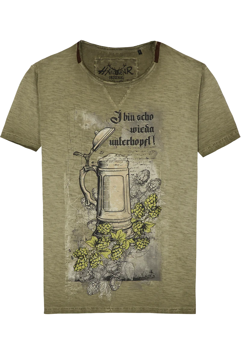 Herren Shirt Biermotiv 'I bin scho wieda unterhopft'