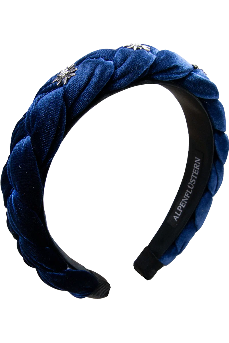 Samt Haarreif geflochten mit Strass-Edelweißblüten - blau