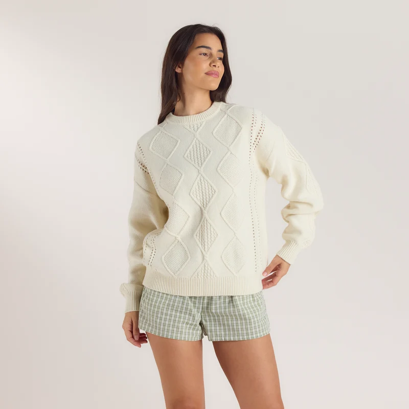 Zopfmuster-Pullover - Crèmefarbe