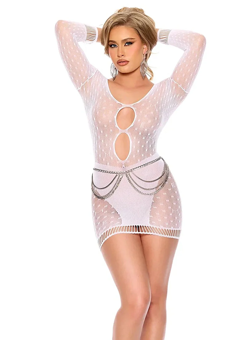 Elegantes weißes Minikleid mit Polka-Dots und Schlüssellochausschnitt vorne und hinten