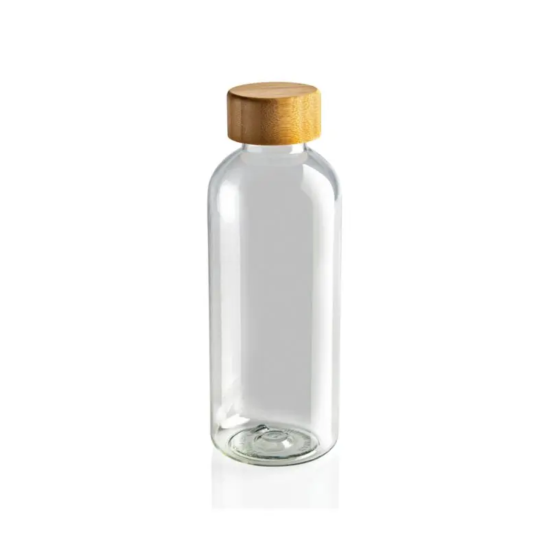 GRS rPET Wasserflasche mit Bambus-Deckel - Kristallklar Transparent