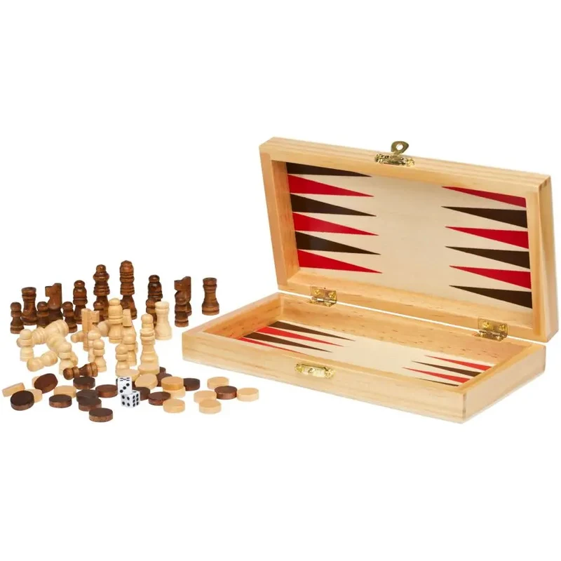 Mugo 3-in-1 Spieleset aus Naturholz - Schach, Dame, Backgammon in Einem
