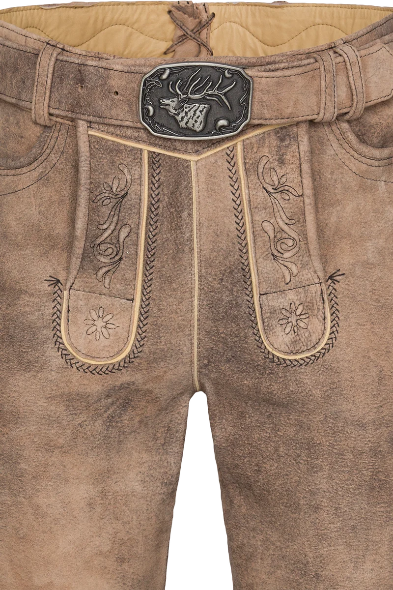 Herren Lederhose Kniebund bestickt mit Gürtel
