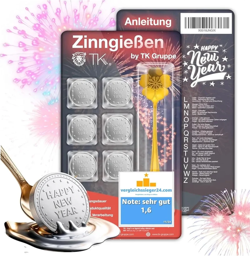Zinngießen Set Zinn Giessen wie Bleigießen Bleigiessen mit & Löffel & Orakelheft - Gesellschaftspiele 2022 Feuerwerk Silvester Neujahr