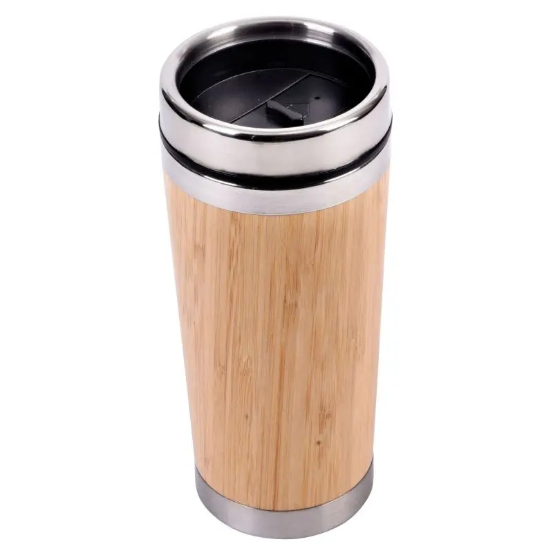 Nachhaltiger Isolierbecher BAMBOO DRINK 450 ml - Braun/Silber, Hält Getränke heiß oder kalt für unterwegs