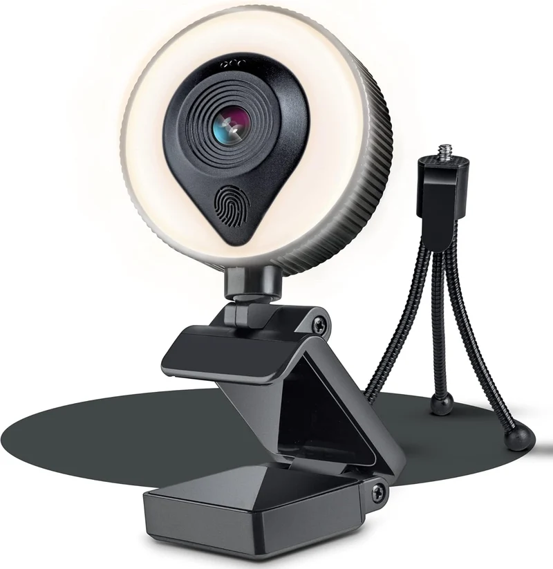KT KardTec 1080p Full HD Webcam mit Mikrofon & Autofokus – 2k Megapixel Streaming Cam mit Ringlicht – USB PC Kamera - Facecam Plug & Play + Stativ