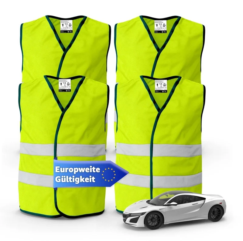 4X Warnwesten EN ISO 20471 - Pannenweste 2023 Unfallweste Sicherheitsweste PKW Weste Neongelb reflektierend Auto, Pkw, LKW (4X Stück)