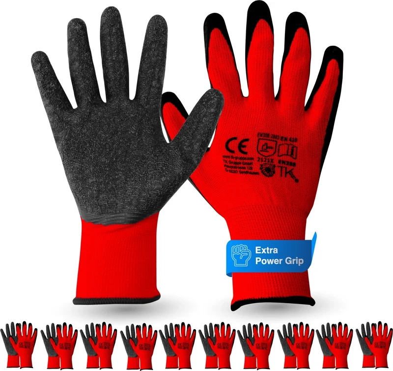 10x Paar Premium Arbeitshandschuhe Rot - Gartenhandschuhe Einheitsgröße 7-11 für Herren & Damen - Work Gloves EN388 für Arbeit & Garten mit Latexbeschichtung