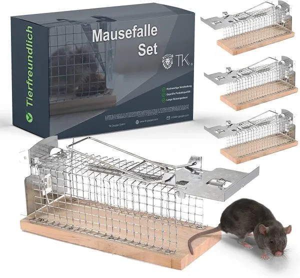 3X Set Tierfreundlich - Mausefalle aus Holz lebend - Mäusefallen - Lebendfalle Maus & Ratte Käfigfalle mit Köderfixierung