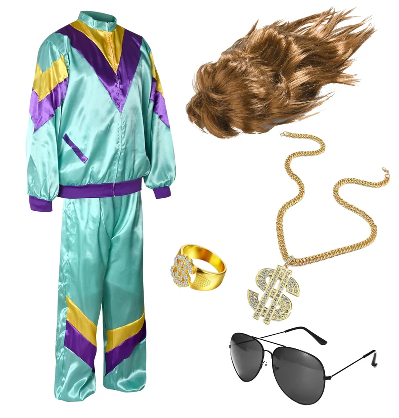 6 in 1 Vokuhila Set 80er Outfit Kostüm mit Unisex Trainingsanzug, Assi Perücke, Goldkette, Brille - für Fasching & Karneval