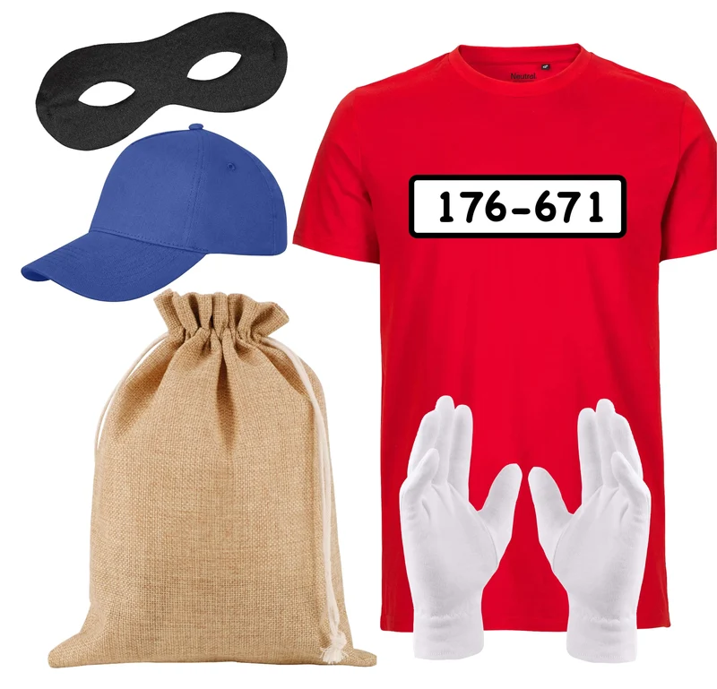 Gangster Panzerknacker Unisexgröße 170 - 190 cm Bandit Tshirt mit Accessoires Einbrecher - Damen - Herren Kostüm Fasching & Karneval - 176-671