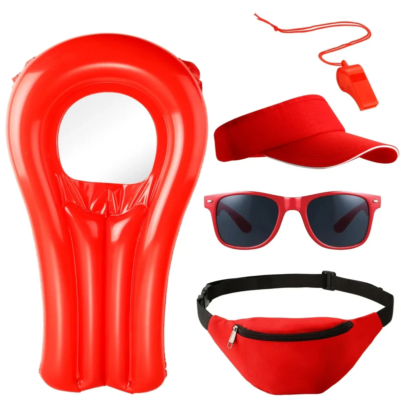 5 in 1 Lifeguard Set Fasching Kostüm Karneval Verkleidung Rettungschwimmer Bademeister Boje Rettungsring Rettungsbrett Schwimmboje wie Baywatch Herren